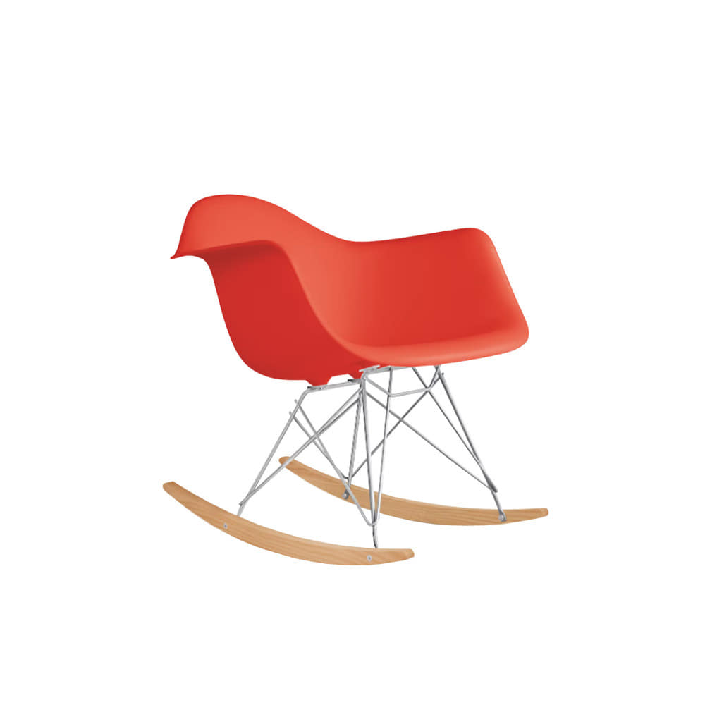 Eames Molded Plastic Armchair, Rocker Base (Red orange/Natural maple)